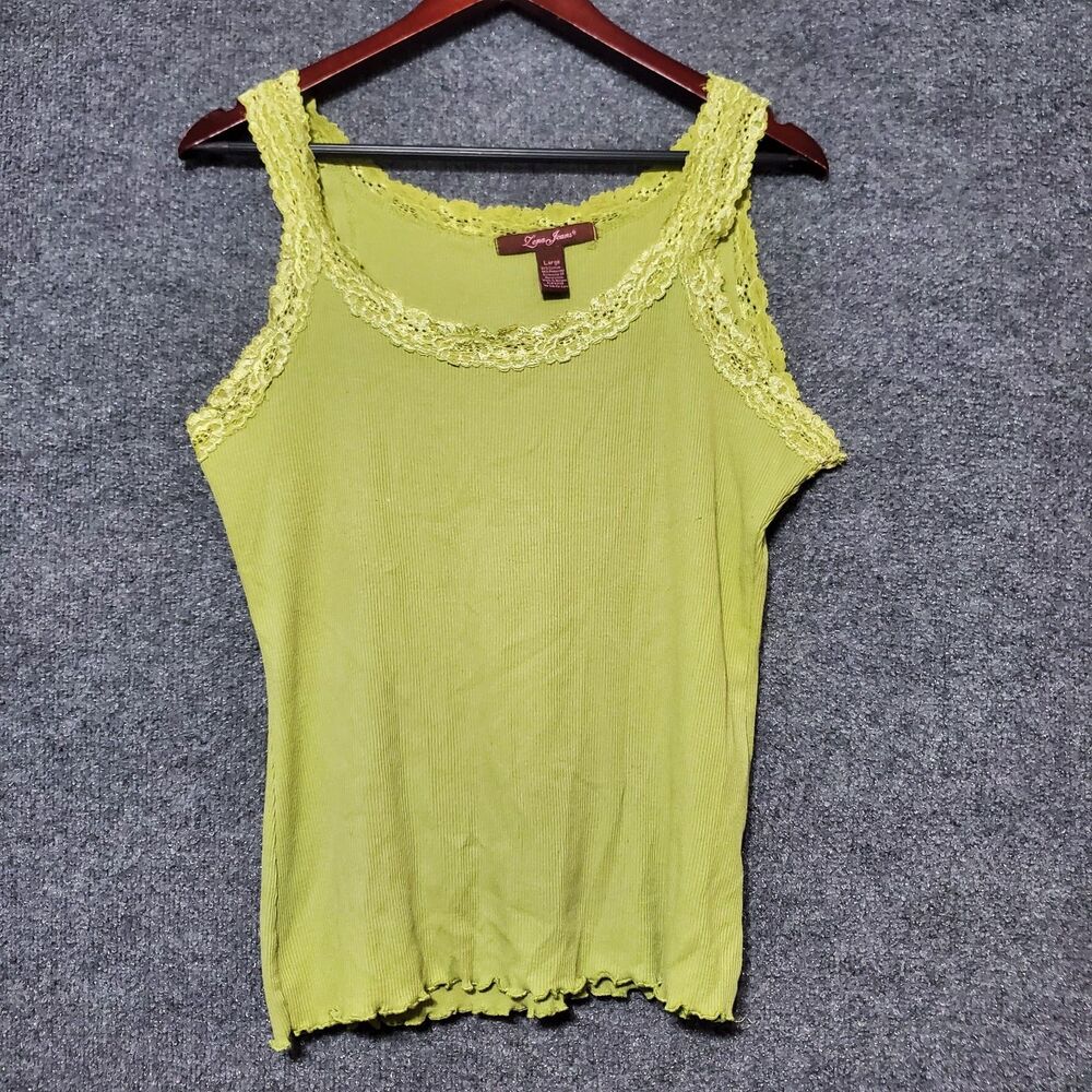 Lena Jeans Women Fitted Lace Trim Tank Top Size L Green Ribbed Stretch Y2K Bella